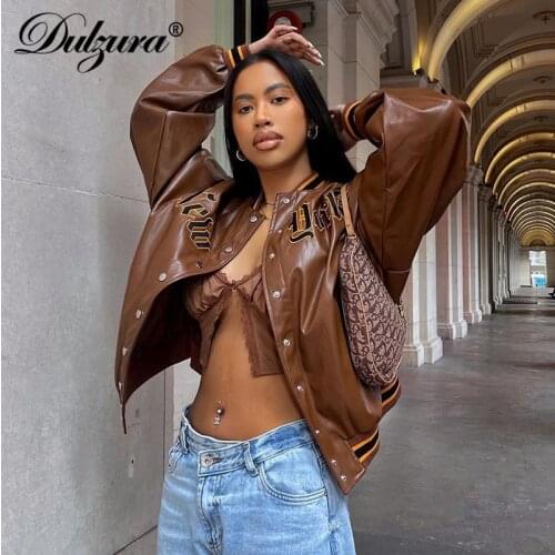 Dulzura Letter Embroidery Women Long Sleeve Pu Fake Leather Baseball Jacket Loose Oversized Casual Streetwear 2021 Autumn Winter