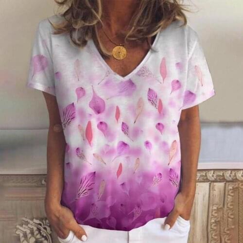 2021 New Women T-shirts Leaf Flower Print M-5XL Plus Size Tops Casual Tee Summer V-Neck Short Sleeve Female T shirt for Women Cl
