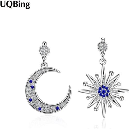 925 Sterling Silver Asymmetric Moon Star Zircon Stud Earrings For Women Gifts Jewelry Wholesale