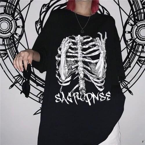 Woman tshirts Goth Y2k Harajuku Tops Hip Hop Street retro print skull bone Loose Short Sleeve Kawaii Anime Graphic t shirt top