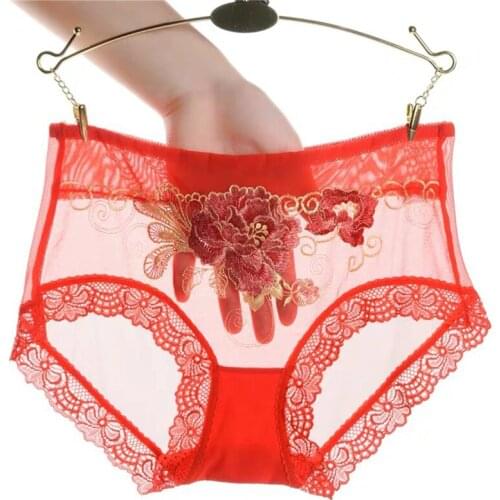 Sexy Lace Panties Women Seamless Embroidery Ladies New Pink Mesh Mid-Waist Briefs Thin Section Breathable Large Size 2021