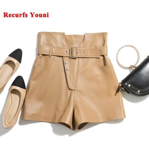 2021 Winter Female Wild Leg Imported Genuine Leather Shorts Women High Waist Motorcycle Buttons Pockets Short Pants With Belt