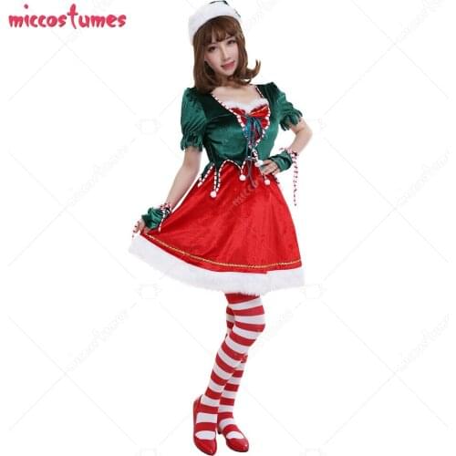 Women Mrs Claus Adult Red and Green Velvet Performance Outfit Cosplay Costume for Christmas with Gloves with Bow-Decorated Stock