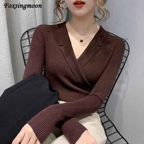 Womens Sweater Spring Autumn New V-neck Sexy Slim Knitwear Women Pullover Undershirt Korean Base Coat Long Sleeve Sweater Thin