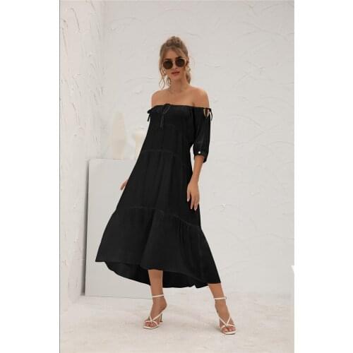 Women Dress Sexy Off Shoulder Tie Up Dress Office Lady Solid Boho Long Dresses Half Sleeve Strapless Oversize Femme Clothes