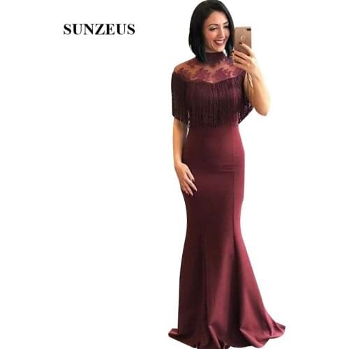 Burgundy Formal Dresses 2019 Mermaid High Neck Appliques Evening Long Gowns With Tassel Elegant Women Party Gowns