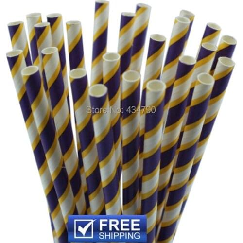 200pcs Wide Purple Thin Yellow Striped Paper Straws Wholesale, Food Safe Paper Drinking Straws, Paper Party Sip Sticks