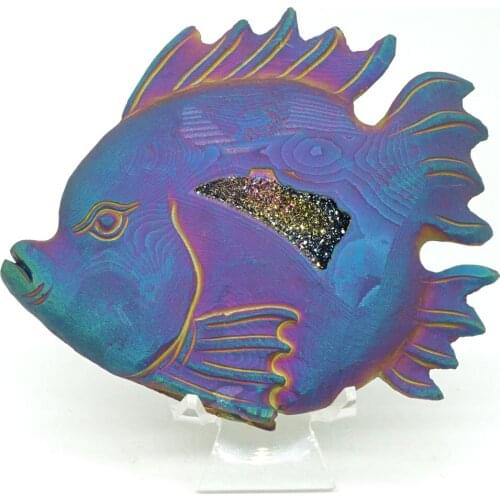 5.1"plated Geode Agate Fish Figurine Carved Animal Statue Office Home Decor Healing Crystal