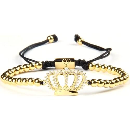 Ailatu 10pcs/lot Copper CZ Crown Bracelet Stainless Steel Beads Jewelry for Couples