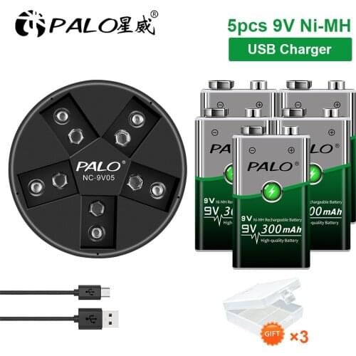 PALO 9V 6F22 300mAh Battery 9V Rechargeable Battery For Microphone Remote Control and LED 9v Battery charger