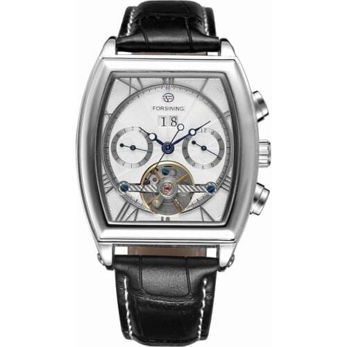 New Forsining Tonneau Tourbillon Automatic Mechanical Watch Men Leather Band Auto Date Mens Wristwatch Business Mans Clock
