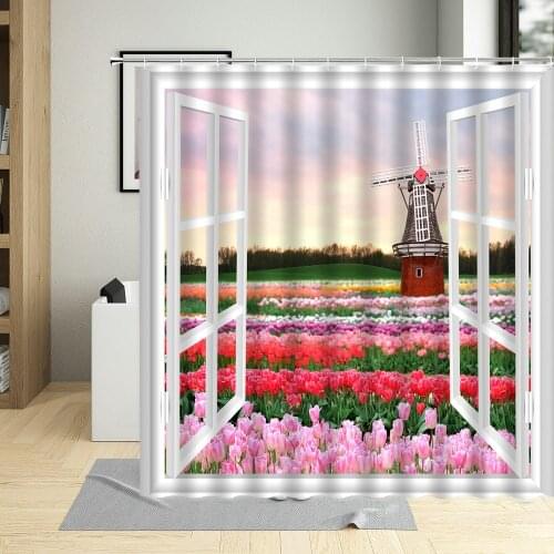 Flower Window View Scenery Shower Curtain Tulip Lavender Idyllic Forest Landscape Bathroom Home With Hook Washable Waterproof