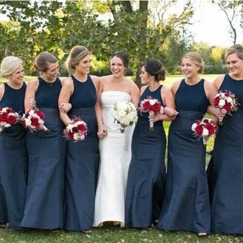Elegant Simple Bridesmaid Dresses Mermaid Style Jewel Neck Satin Navy Blue Wedding Guest Party Dress Robe De Soiree