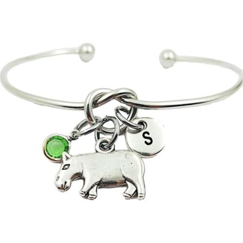 Hippo River Horse Animal Creative Initial Letter Monogram Birthstone Adjustable Bracelet Fashion Jewelry Women Gift Pendant
