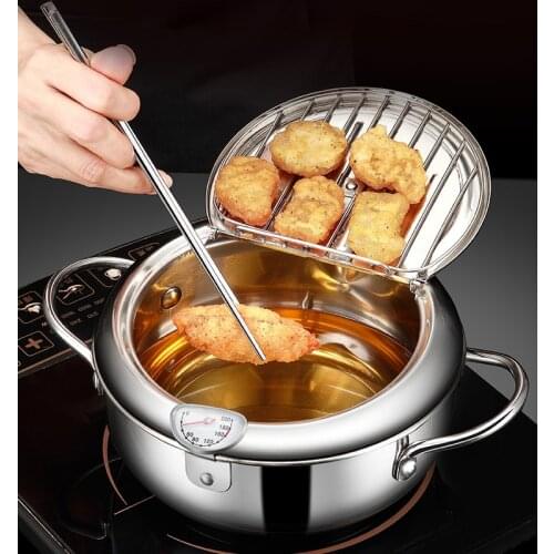 Japanese Deep Frying Pot With a Thermometer And a Lid 304 Stainless Steel Kitchen Fried Fries ChickenTempura Fryer Pan 20 24 cm