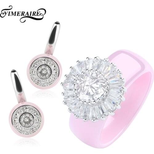 Exquisite Stylish Female Jewelry Sets & More Big Shimmering Zircon Design Finger Ring Modern Round Ear Ring Precious Ceramic