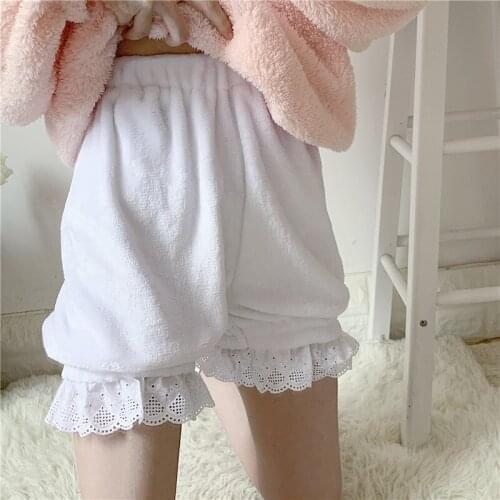 Summer Kawaii Bloomers Shorts Pink White Cute Lolita Girls Warm Velvet Shorts Winter Sweet High Waist Lace Womens Plush Shorts