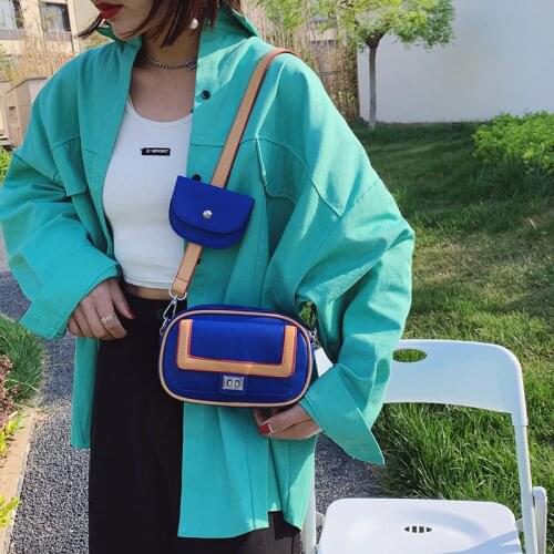 Fashion Blue women shoulder bag luxury designer wide strap Crossbody bag chain Sling bag pu leather ladies 2 bag set wallet
