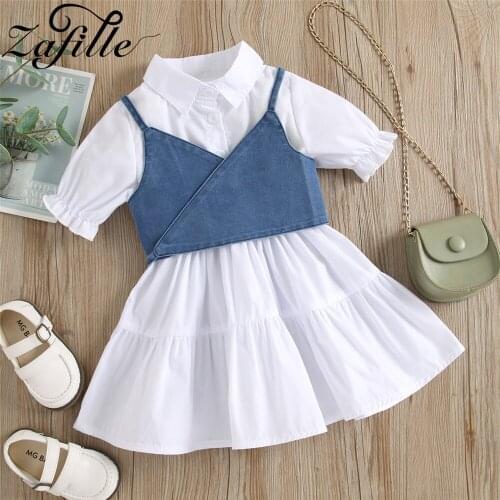 ZAFILLE Stylish Girls Party Dress Solid Girl Denim T-shirts Lace Up Top and Girl White Dress Toddler Kids Childrens Clothing