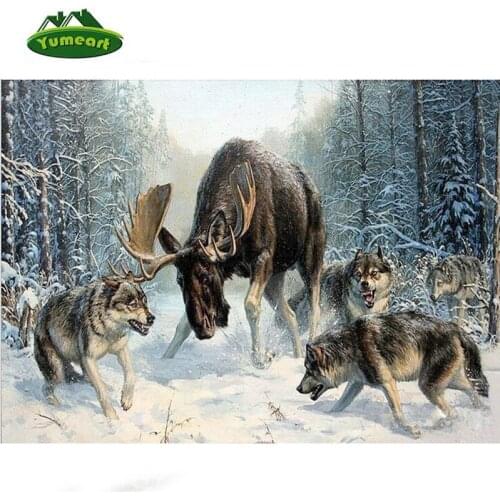 Hot Diy 3d Diamond Embroidery Kits Cross Stitch Mosaic Diamond Painting Home Decoration Printed Paint Craft Wolf Fight With Deer