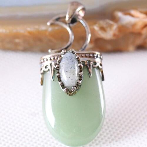 Charm Necklace Pendant Natural Gem Green Aventurine Labradorite Oval Bead Antique Crown Half Moon Jewery Gift 1Pcs K779