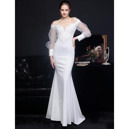 Partysix Women See through Tulle Long Sleeve Dress Elegant Satin white wedding dress Appliques Evening Dress