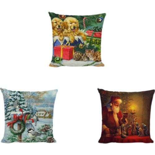 Merry Christmas Gifts Cushion Covers Santa Claus Huskies Pine Cones Linen Cotton Home Decorative Living Room Throw Pillow Cases