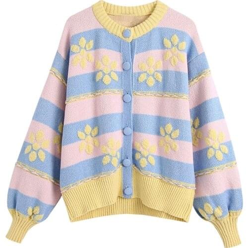 Floral Print Sweater Cardigan Casual Fashion Long Sleeve Sweaters Autumn 2021 Button Lantern Sleeve Vintage Loose Women Sweater