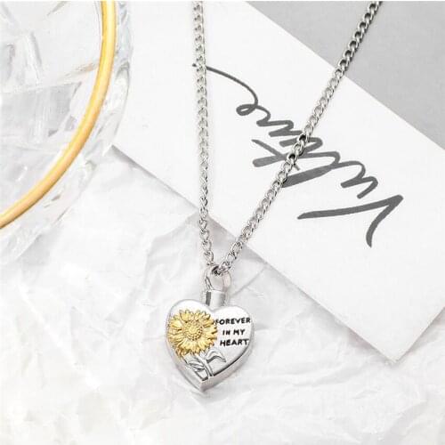 Vintage Pet Ashes Memorial Bone Urn Heart Pendant Sunflower Necklace Keepsake Urn Necklace For Ashes Memorial Jewelry Gifts