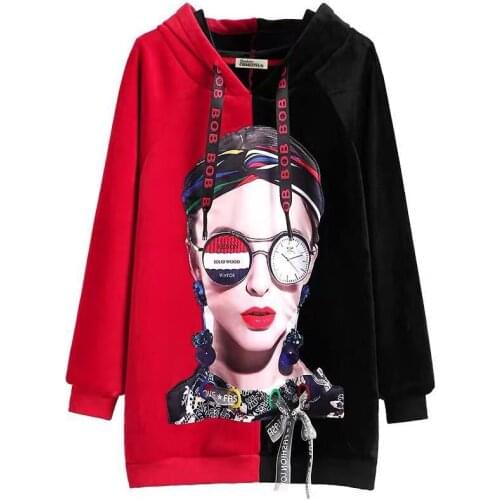 Winter Street Trend Golden Velvet Women Hoodie Sweatshirt Print Harajuku Glasses Clock Girl Pullover Bow Splicing Coat Female
