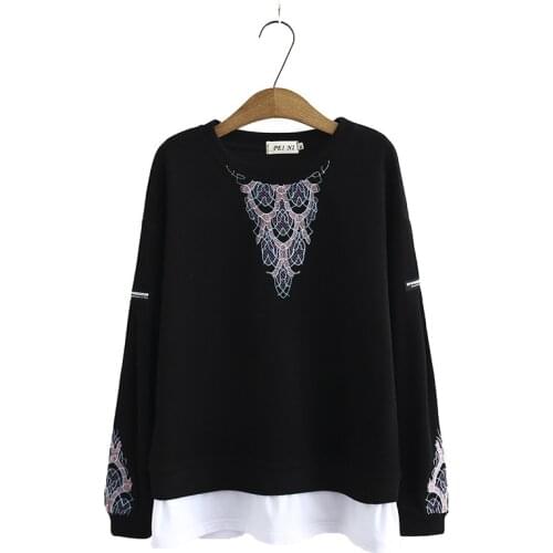 Plus Size Women Pink Black Full Cotton Drop Shoulder Hoodies Large Size Floral Embroidery Vintage Pullovers