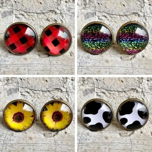Custom Sunflower Leopard Red Plaid Tie-Dyeing Print Glass Dome Button Stud Earrings for Women Western Vintage Time Gemo Jewelry