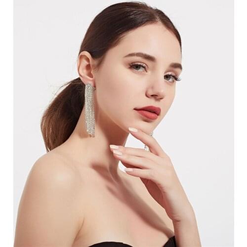CRLEY Brand New Fashion Long Tassel Drop Earrings for Women Silver Jewelry Rhinestone Dazzling Simple Design Drop Earrings