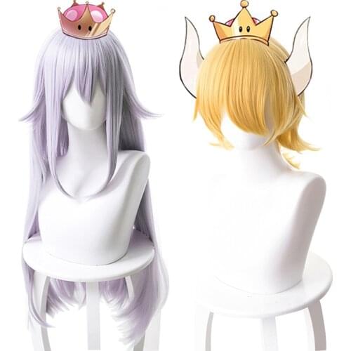 Booette King Boo Long Sliver Purple Cosplay Wig Mario Bowsette Blonde Wig for Women Heat Resistant Synthetic Hair Game Wig Cap