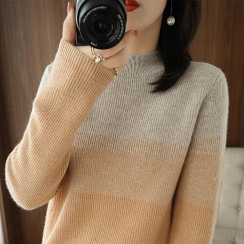 2021 new autumn and winter cashmere sweater womens T-neck two-color cross stitching loose 100% wool knitted bottom shirt