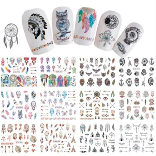 12 Designs Nail Slider Art Water Transfer Sticker Tattoo Dream Catcher Owl Feather Patterns Wraps Manicure Decals Tips BN901-912