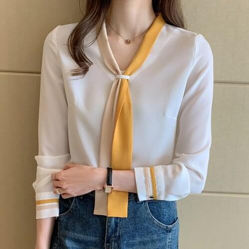 2021 Women Summer Colorful Striped Blouses Shirts Fashion V-Neck Bow Pullover Tops Casual Fashion Long Sleeve Chiffon Blusas