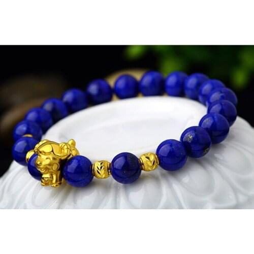 August 999 24k Yellow Gold Sheep Blue Stone Beads Bracelet 1.64g