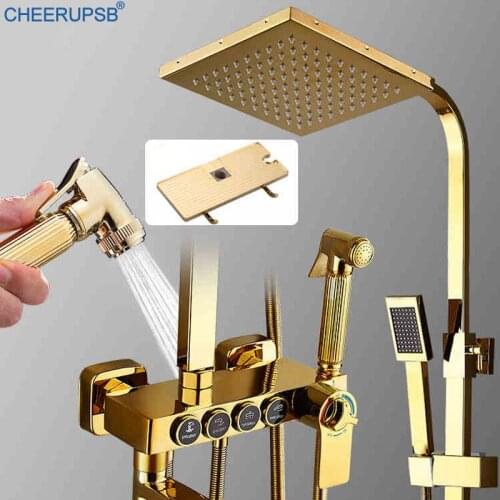 Digital Shower Set Bathroom Wall Mount LED Shower System Hot Cold Mixer Thermostatic Faucet Square Head Bath Tap Gold Smart Set