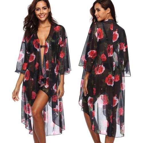 Long Bikini Cover Up 2018 Pareo Beach Cover Up Summer Swimwear Women Beach Cardigan Wear Floral Print Bathing Suit Cover Ups