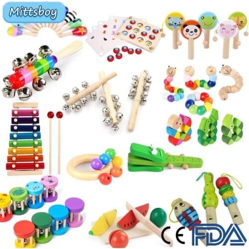 Baby Montessori Toy Musical Instrument Baby Educational Music Cartoon Wooden Rattle Toy Kid Handle Wooden Activity Bell Rattles