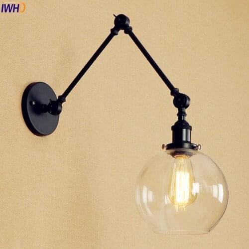 IWHD Black Retro Antique Wall Lights Fixtures Glass Ball Style Loft Industrial Edison Adjustable Arm Wall Lamp LED Stair Light