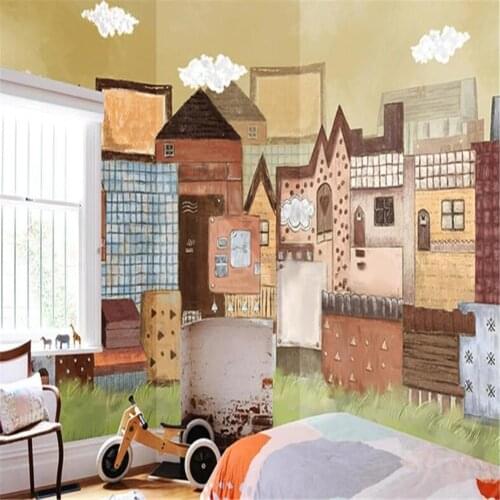 Milofi custom personality childrens room non-woven wallpaper cartoon house town hand-painted mural wallpaper