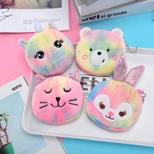 Cartoon Plush Unicorn Coin Purse Cute Cat Fur Circle Wallet Girl Clutch Embroidered Bag Key Earphone Organizer Pouch Kids Gift