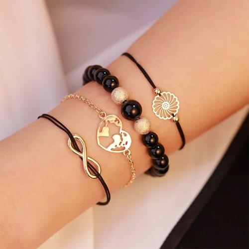 Love Wave Crystal Beads Charm Bracelets Set Adjustable Black Color Chain Bracelets For Women Fashion Party Jewelry Gift
