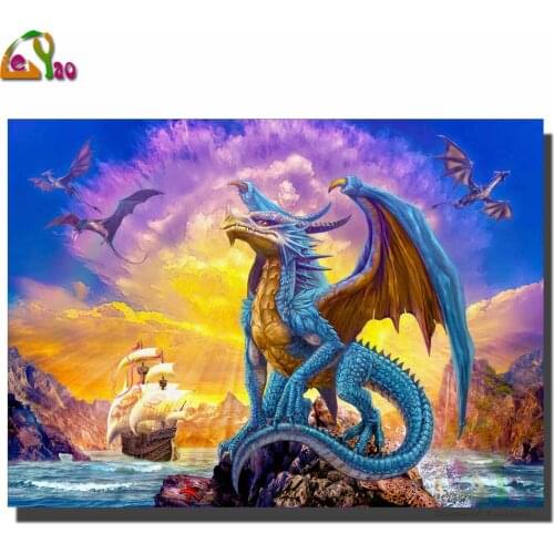 Sunset Dragon Ship Diy Diamond Painting Full Square Round Drill Embroidery Animals Sea Landscape Mosaic Needlework