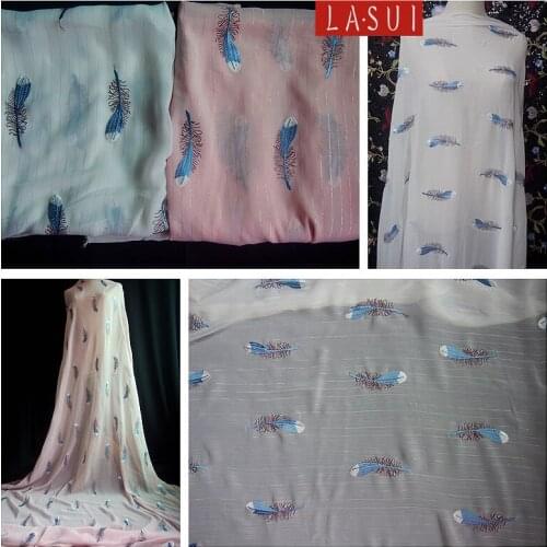 LASUI 2y=1lot New Special Feather embroidery chiffon fabric off white and pink colors Comfortable Clothing fashion fabrics O0036