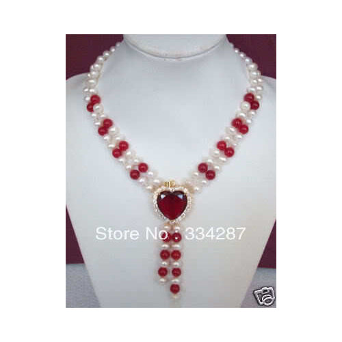 NEW Natural 6-7MM freshwater White Pearl & Red Heart Quartzite jade Necklace 18inches