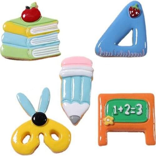 Kawaii Flatback Resin Book Pencil Scissor Triangular Ruler Resin School Items Cute Resin School Characters Scrapbooking DIY