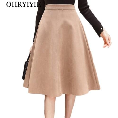 OHRYIYIE Autumn Winter Solid Color PU Skirts Women 2020 New Vintage Leather Suede Skirt Female High Waist Knee-Length Skirt WS38